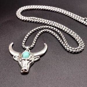 Silver Tone Necklace w/ Turquoise Bull & Horns Pendant Western Vintage Boho Gift